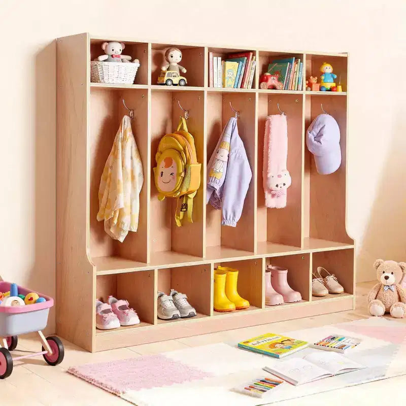 5 Section Kids Coat Locker Wooden Toddler Cubby Storage Organizer with 10 Hooks Non Slip Mat Modern Kid Coat Cubbies