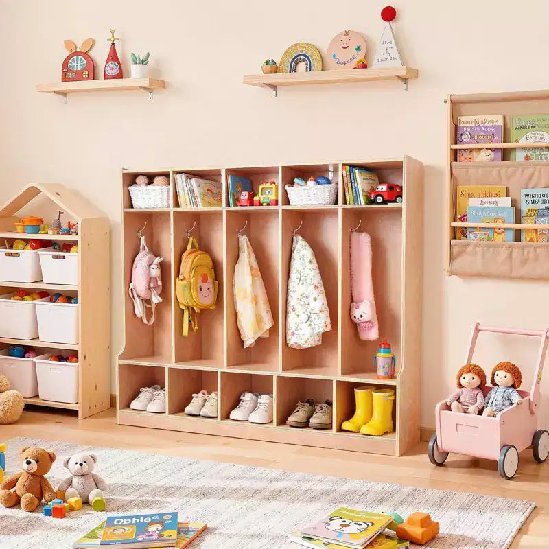Porte-manteau enfant à 5 sections, meuble de rangement cubby en bois pour tout-petits avec 10 patères, tapis antidérapant, casiers modernes pour enfants