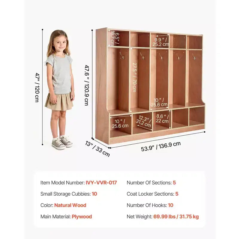 Porte-manteau enfant à 5 sections, meuble de rangement cubby en bois pour tout-petits avec 10 patères, tapis antidérapant, casiers modernes pour enfants