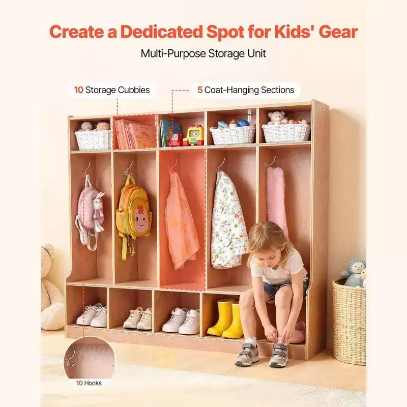 Porte-manteau enfant à 5 sections, meuble de rangement cubby en bois pour tout-petits avec 10 patères, tapis antidérapant, casiers modernes pour enfants