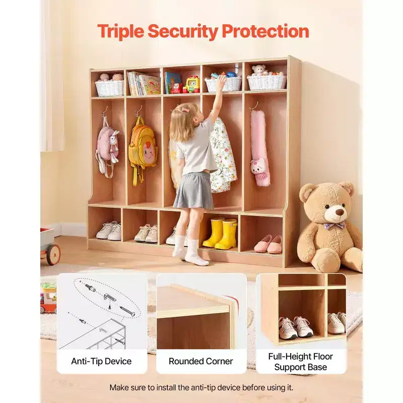 Porte-manteau enfant à 5 sections, meuble de rangement cubby en bois pour tout-petits avec 10 patères, tapis antidérapant, casiers modernes pour enfants
