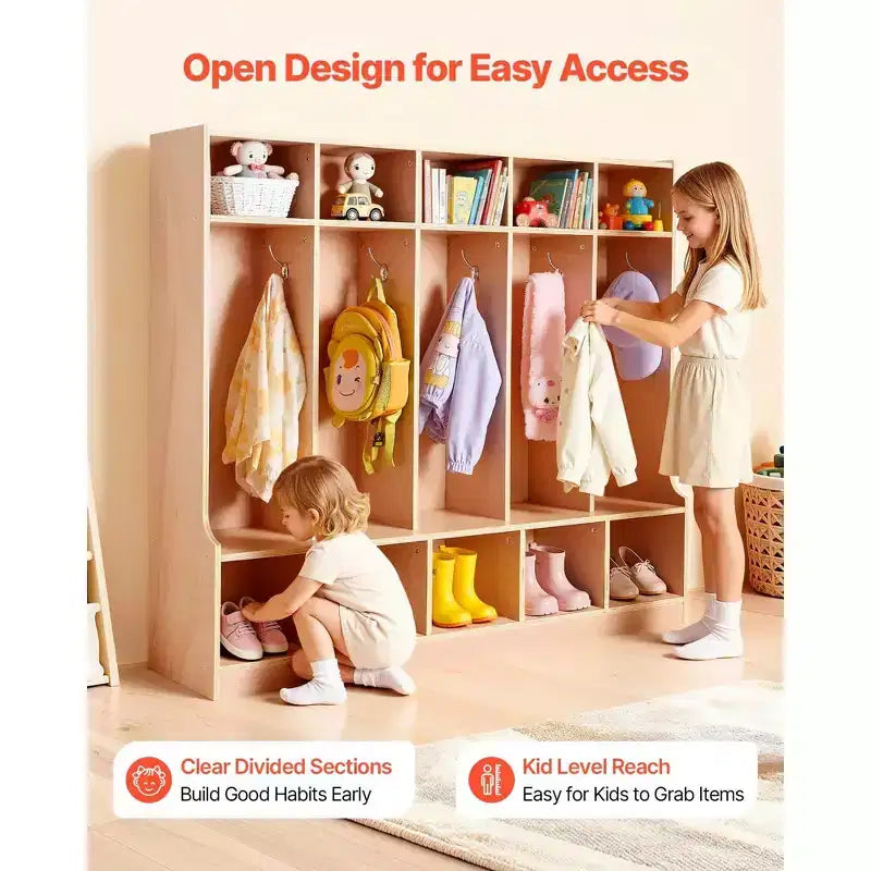 Porte-manteau enfant à 5 sections, meuble de rangement cubby en bois pour tout-petits avec 10 patères, tapis antidérapant, casiers modernes pour enfants