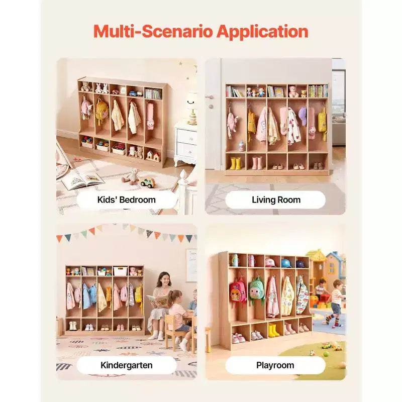 Porte-manteau enfant à 5 sections, meuble de rangement cubby en bois pour tout-petits avec 10 patères, tapis antidérapant, casiers modernes pour enfants