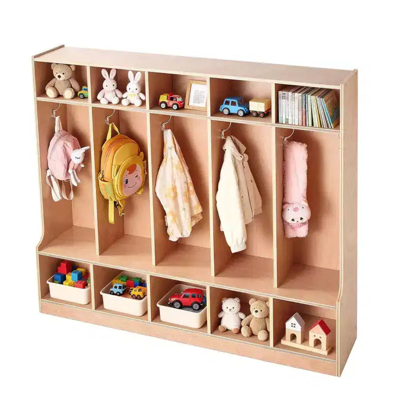 Porte-manteau enfant à 5 sections, meuble de rangement cubby en bois pour tout-petits avec 10 patères, tapis antidérapant, casiers modernes pour enfants