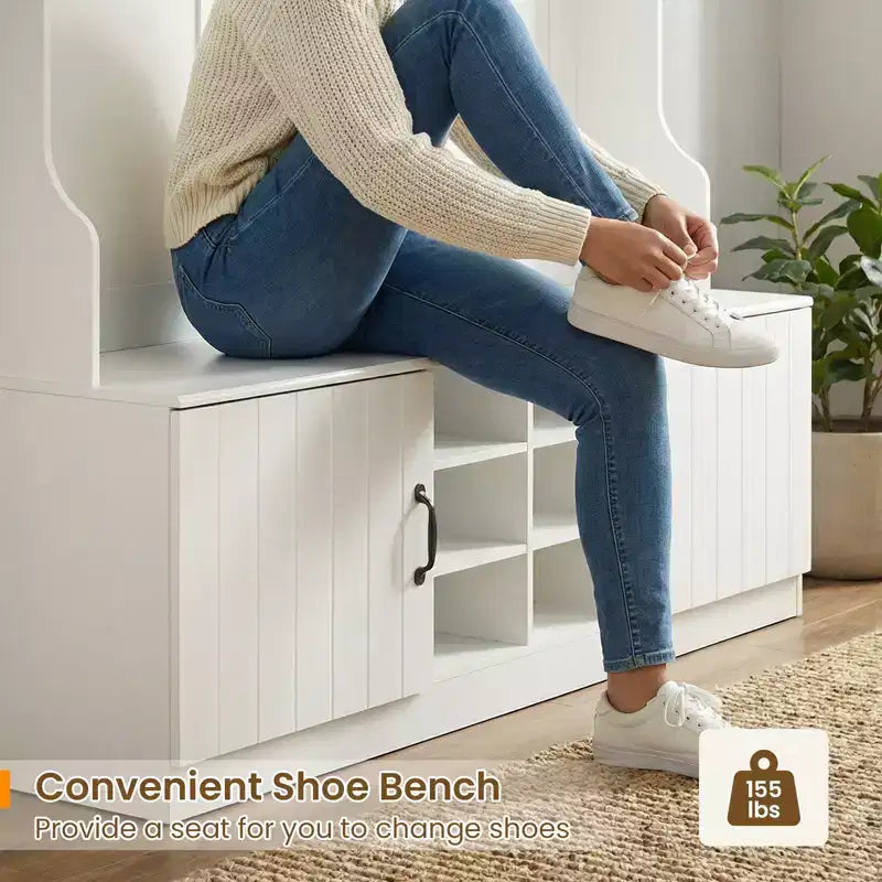 Portemanteau 3-en-1/6-en-1 avec banc de rangement, étagères réglables, crochets de suspension, compartiments à chaussures, blanc