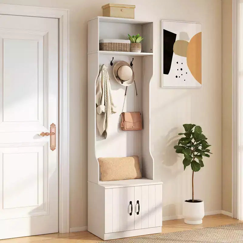 Portemanteau 3-en-1/6-en-1 avec banc de rangement, étagères réglables, crochets de suspension, compartiments à chaussures, blanc