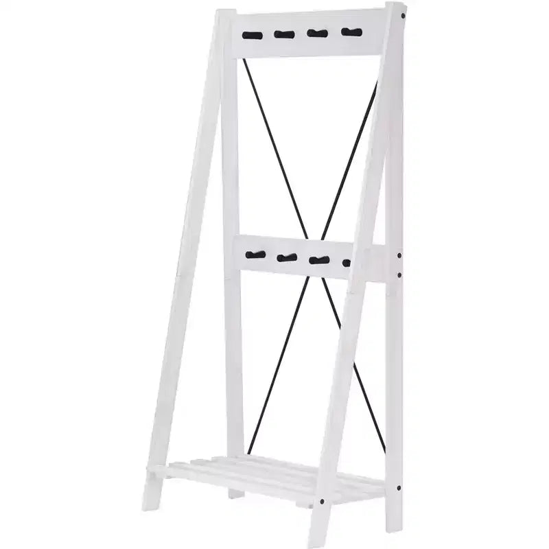 Arbre de hall en bois massif à dossier en X incliné de 68 po blanc délavé - Saracina Home : Construction en pin, crochets en métal, étagère à lattes
