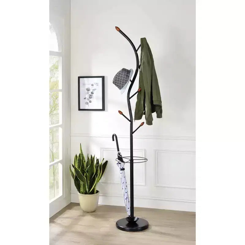 Porte-manteau Billie Black Tree de 193 cm avec patères en noyer et porte-parapluie - Ore International