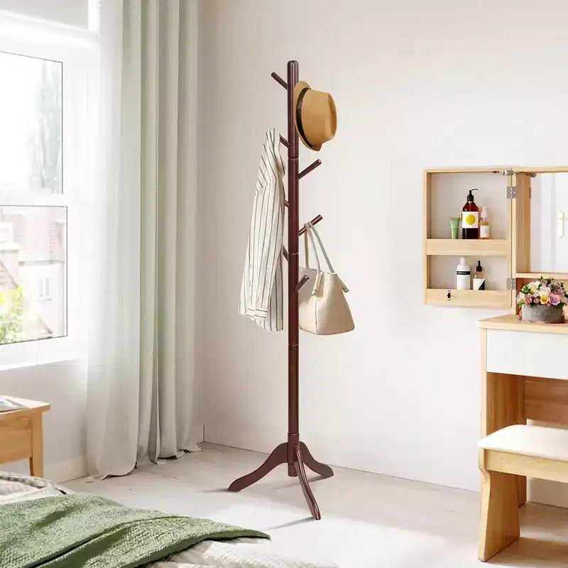 Portemanteau sur pied en bois pour entrée/vestibule avec 2 hauteurs réglables et 8 crochets Gris/Marron