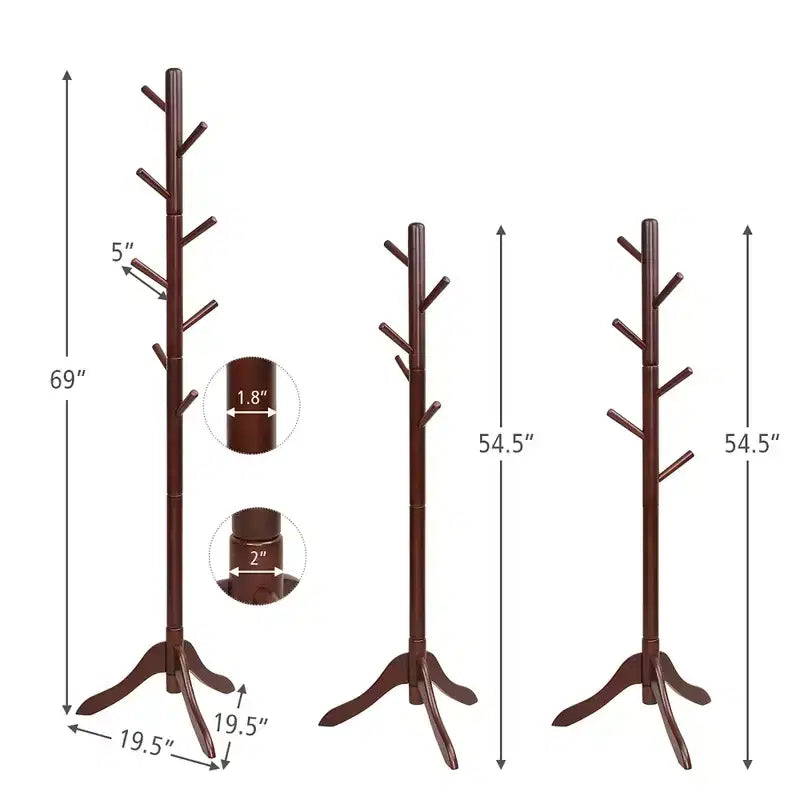 Portemanteau sur pied en bois pour entrée/vestibule avec 2 hauteurs réglables et 8 crochets Gris/Marron