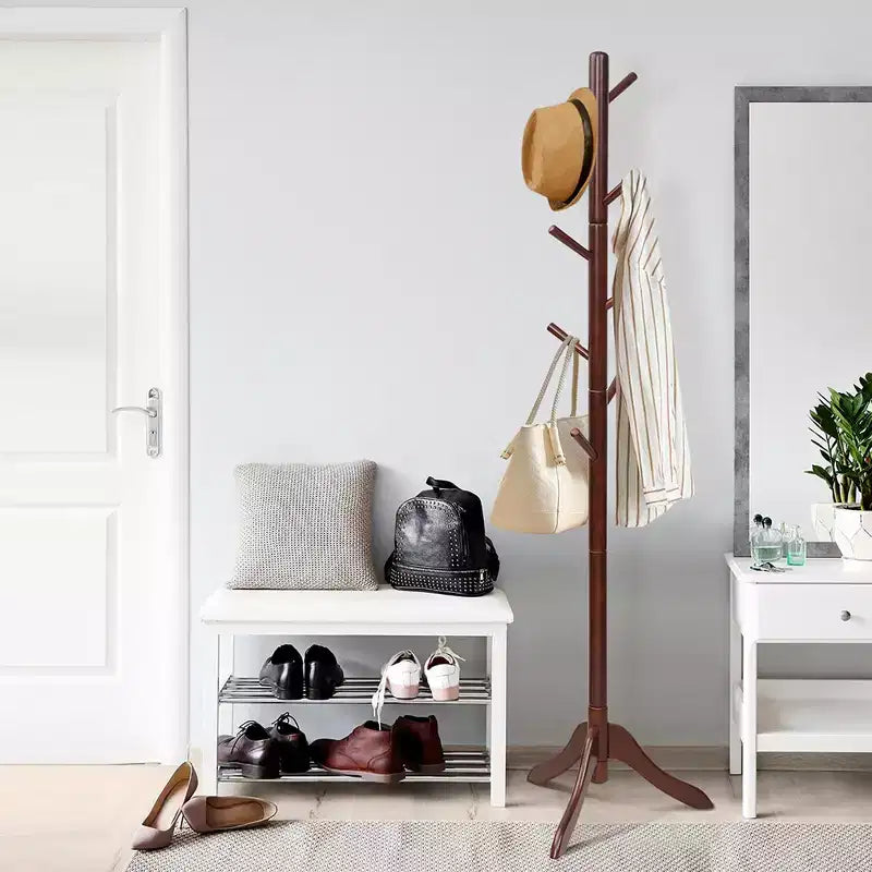 Portemanteau sur pied en bois pour entrée/vestibule avec 2 hauteurs réglables et 8 crochets Gris/Marron