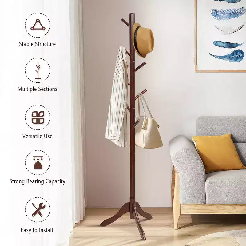 Portemanteau sur pied en bois pour entrée/vestibule avec 2 hauteurs réglables et 8 crochets Gris/Marron