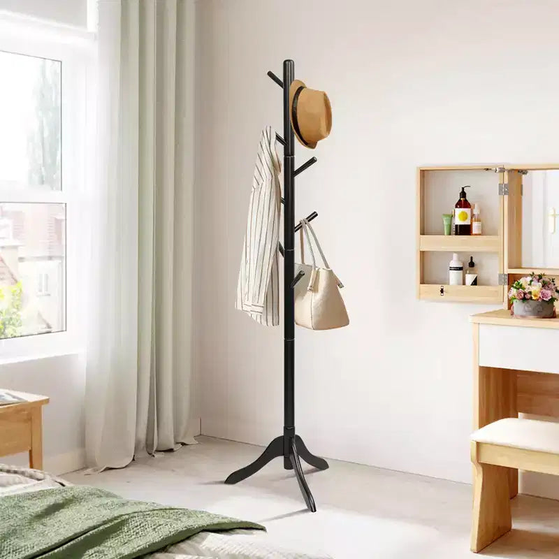 Portemanteau sur pied en bois pour entrée/vestibule avec 2 hauteurs réglables et 8 crochets Gris/Marron
