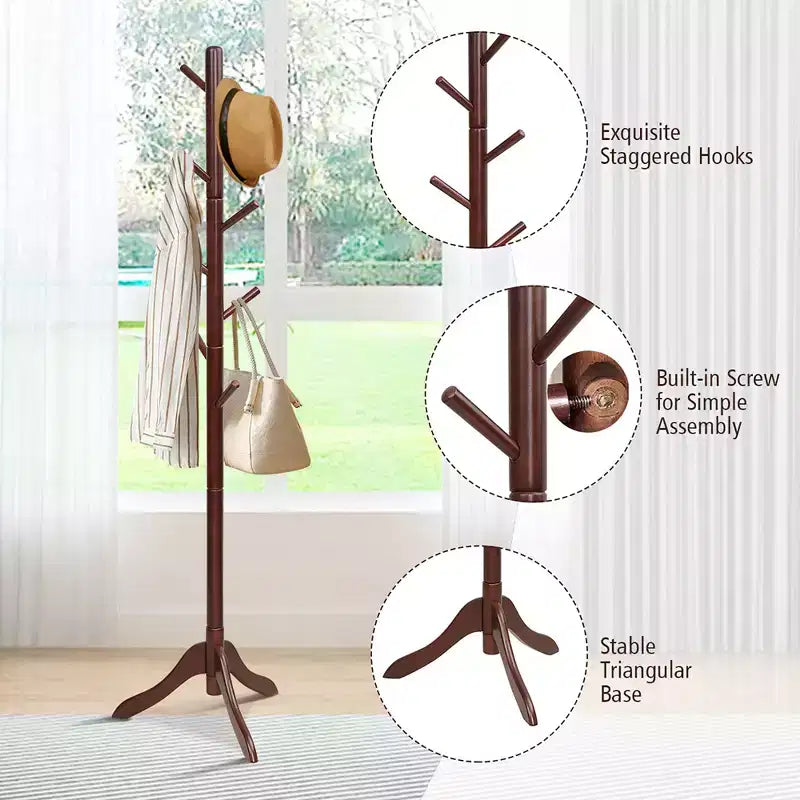 Portemanteau sur pied en bois pour entrée/vestibule avec 2 hauteurs réglables et 8 crochets Gris/Marron