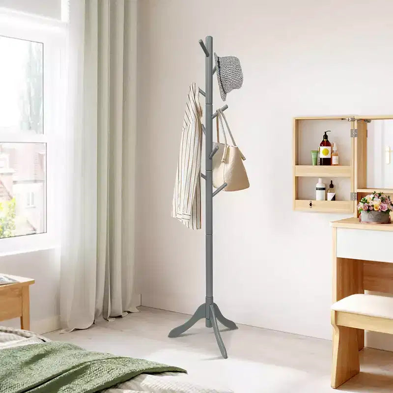 Portemanteau sur pied en bois pour entrée/vestibule avec 2 hauteurs réglables et 8 crochets Gris/Marron