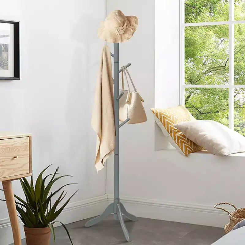 Portemanteau sur pied en bois pour entrée/vestibule avec 2 hauteurs réglables et 8 crochets Gris/Marron