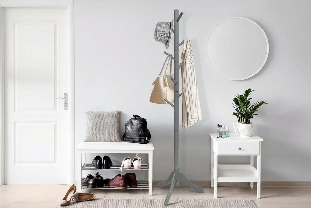 Portemanteau sur pied en bois pour entrée/vestibule avec 2 hauteurs réglables et 8 crochets Gris/Marron