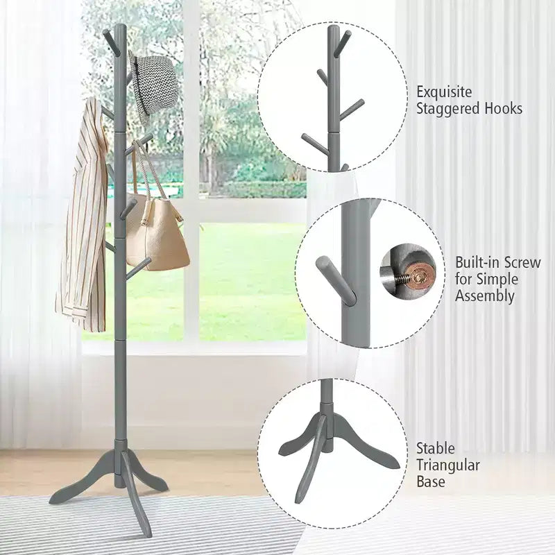 Portemanteau sur pied en bois pour entrée/vestibule avec 2 hauteurs réglables et 8 crochets Gris/Marron