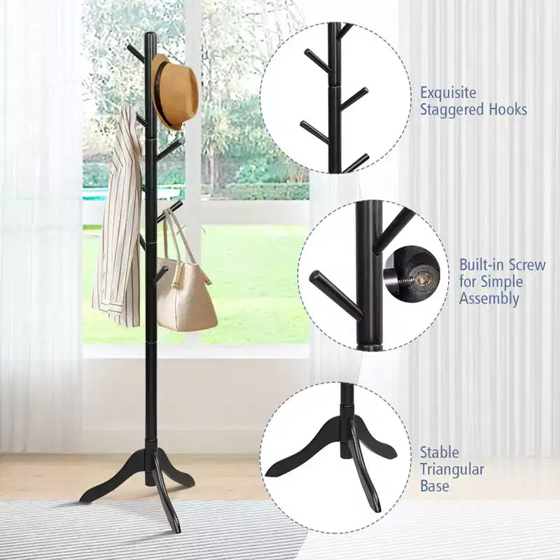 Portemanteau sur pied en bois pour entrée/vestibule avec 2 hauteurs réglables et 8 crochets Gris/Marron
