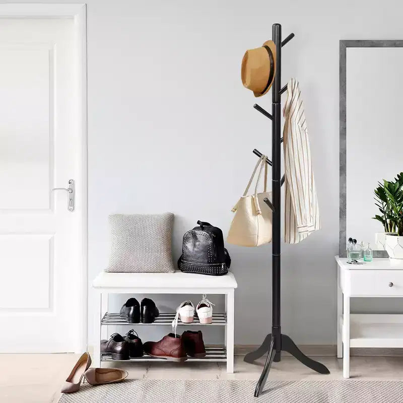 Portemanteau sur pied en bois pour entrée/vestibule avec 2 hauteurs réglables et 8 crochets Gris/Marron