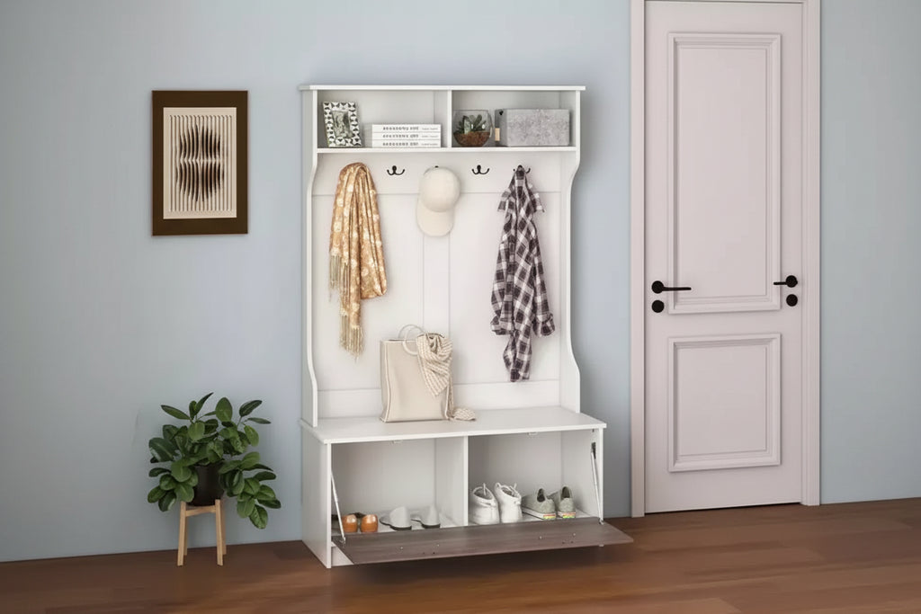 Porte-manteau d'entrée de 160 cm avec patères et banc de rangement Porte-manteau multifonctionnel Noir/Blanc