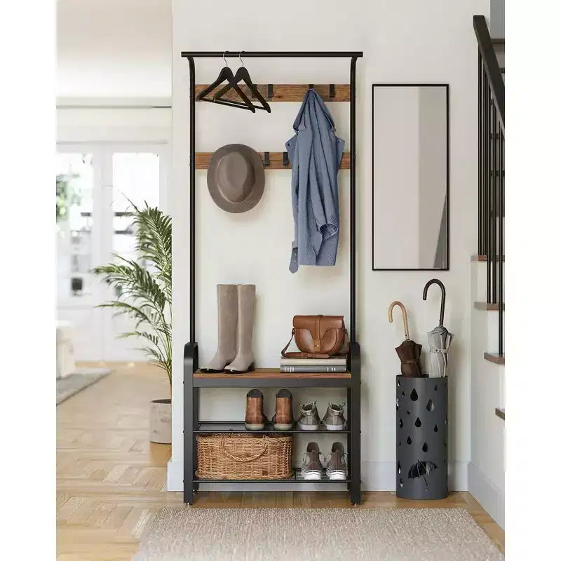 Porte-manteau d'entrée 4-en-1, 9 crochets amovibles, banc d'entrée avec rangement à chaussures pour appartement, salon