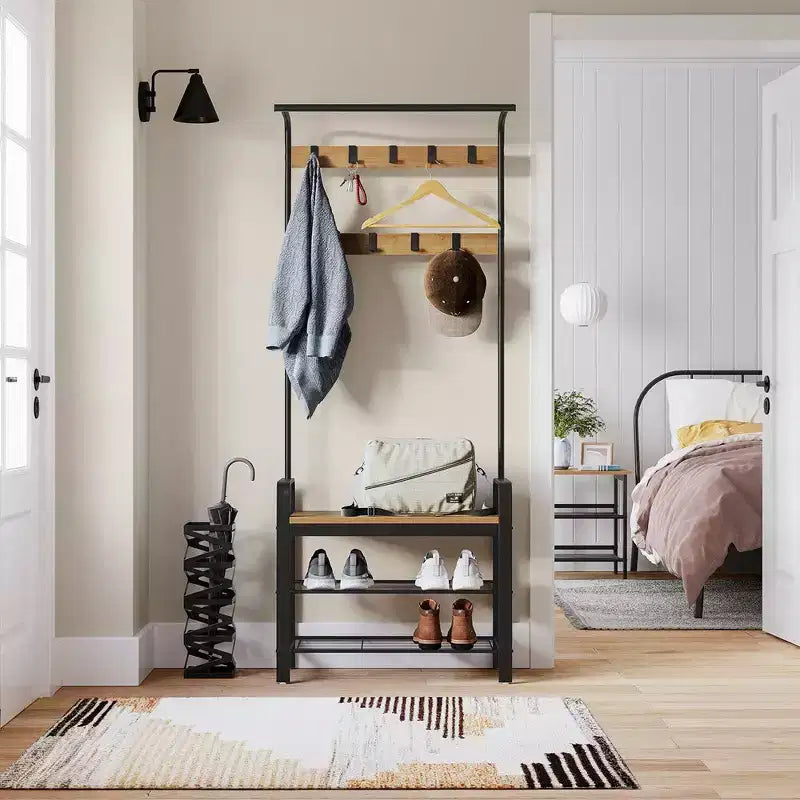 Porte-manteau d'entrée 4-en-1, 9 crochets amovibles, banc d'entrée avec rangement à chaussures pour appartement, salon