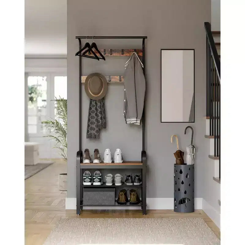 Porte-manteau d'entrée 4-en-1, 9 crochets amovibles, banc d'entrée avec rangement à chaussures pour appartement, salon