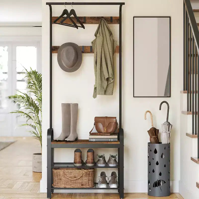 Porte-manteau d'entrée 4-en-1, 9 crochets amovibles, banc d'entrée avec rangement à chaussures pour appartement, salon