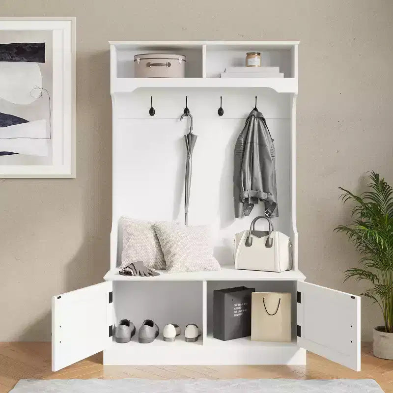 Meuble d'entrée Fraser Flash Furniture avec banc de rangement à double porte, portemanteau avec 4 crochets doubles et 2 compartiments de rangement supérieurs