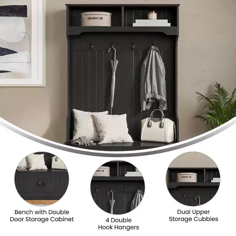 Meuble d'entrée Fraser Flash Furniture avec banc de rangement à double porte, portemanteau avec 4 crochets doubles et 2 compartiments de rangement supérieurs