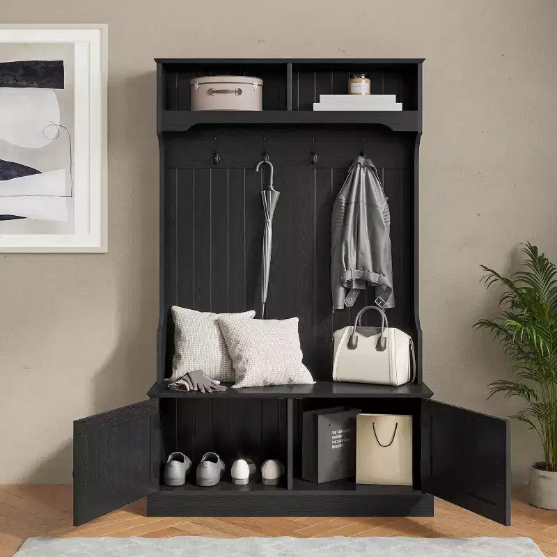 Meuble d'entrée Fraser Flash Furniture avec banc de rangement à double porte, portemanteau avec 4 crochets doubles et 2 compartiments de rangement supérieurs