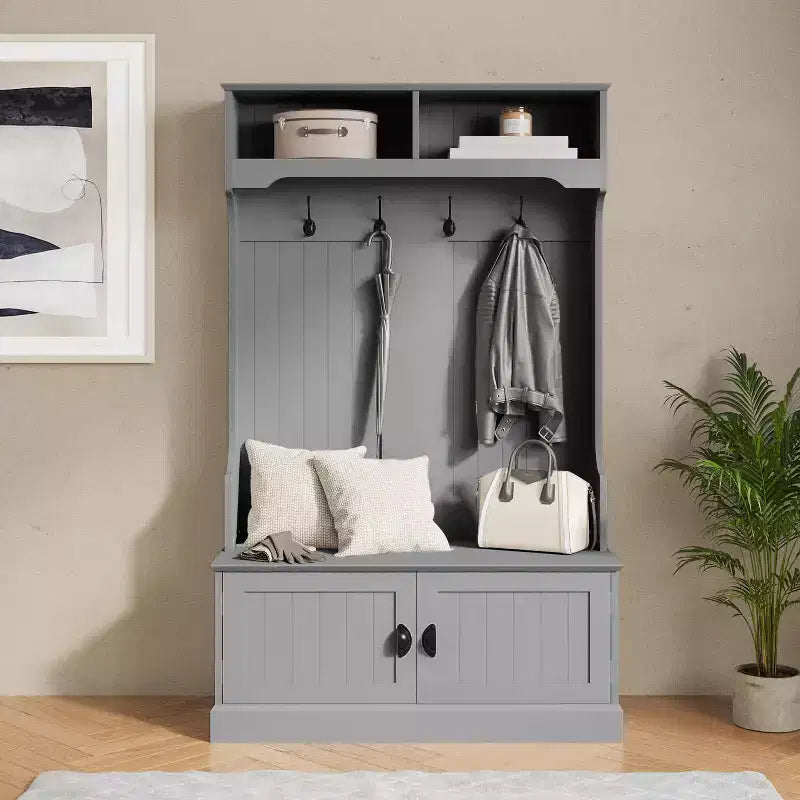 Meuble d'entrée Fraser Flash Furniture avec banc de rangement à double porte, portemanteau avec 4 crochets doubles et 2 compartiments de rangement supérieurs