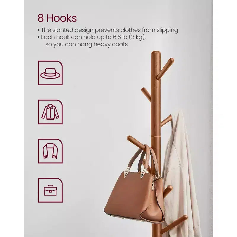 Porte-manteau sur pied en bois massif avec 8 crochets