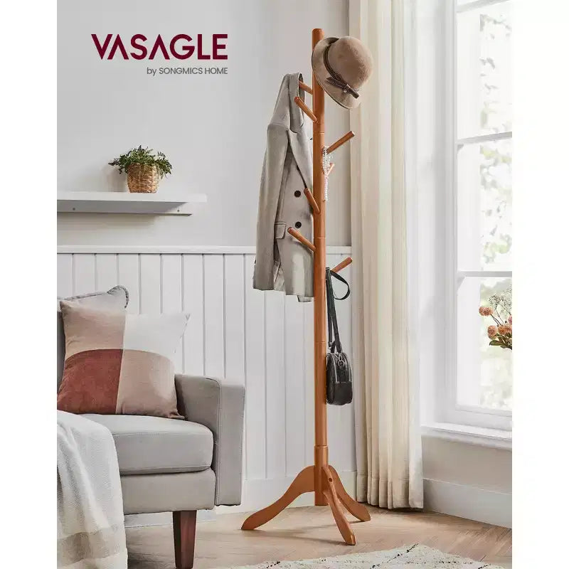 Porte-manteau sur pied en bois massif avec 8 crochets