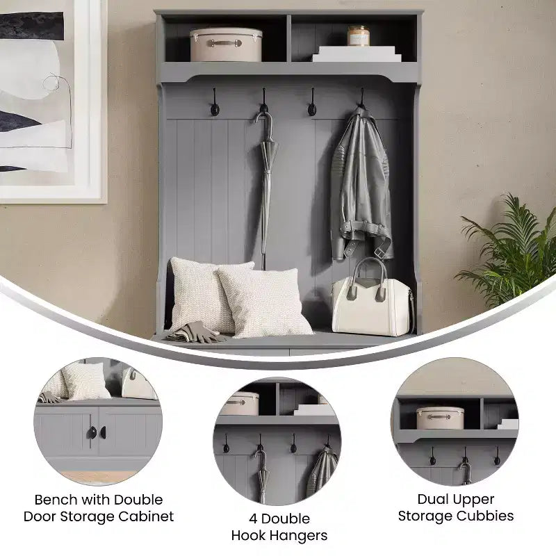 Porte-manteau d'entrée Merrick Lane avec banc, 4 doubles patères, rangement supérieur et rangement sous le banc à double porte