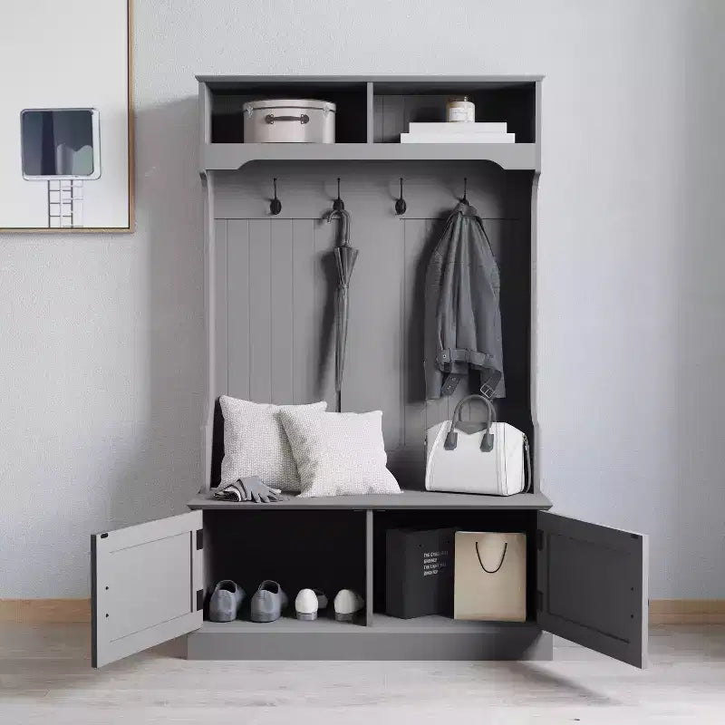 Porte-manteau d'entrée Merrick Lane avec banc, 4 doubles patères, rangement supérieur et rangement sous le banc à double porte