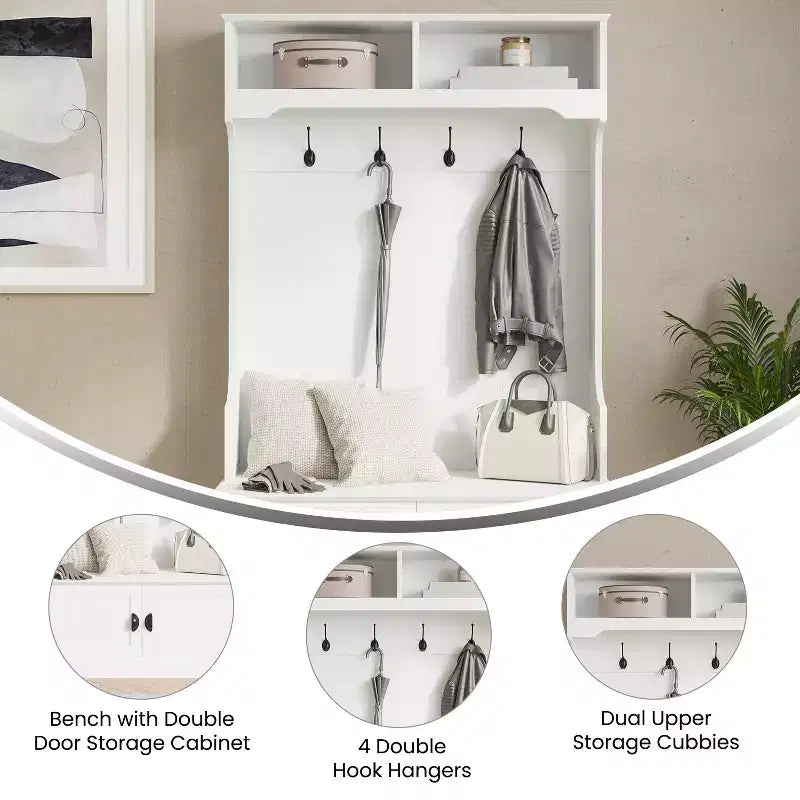 Porte-manteau d'entrée Merrick Lane avec banc, 4 doubles patères, rangement supérieur et rangement sous le banc à double porte