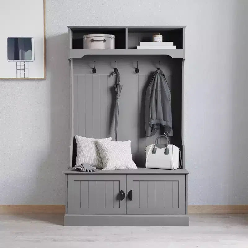 Porte-manteau d'entrée Merrick Lane avec banc, 4 doubles patères, rangement supérieur et rangement sous le banc à double porte