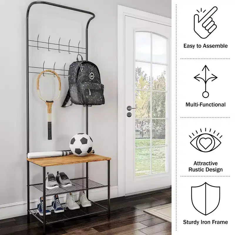 Banc d'entrée Hasting Home avec porte-manteau, meuble d'entrée en métal avec siège, crochets et rangement à chaussures