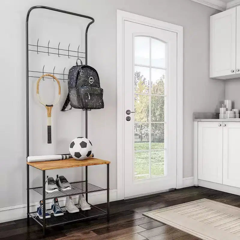 Banc d'entrée Hasting Home avec porte-manteau, meuble d'entrée en métal avec siège, crochets et rangement à chaussures