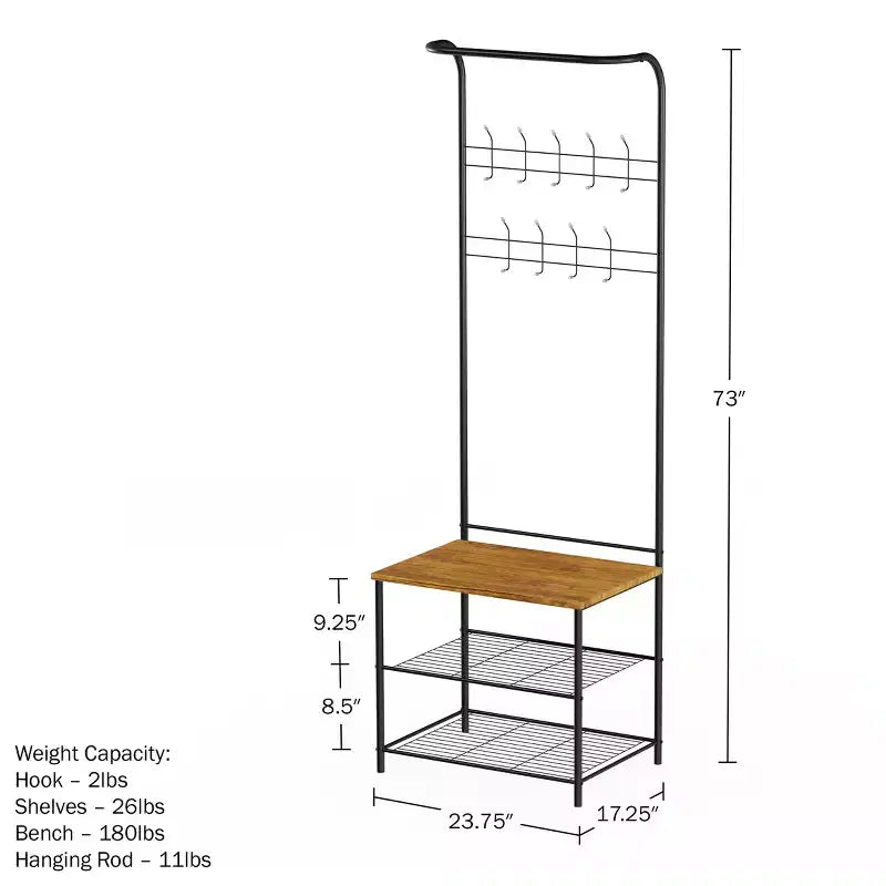 Banc d'entrée Hasting Home avec porte-manteau, meuble d'entrée en métal avec siège, crochets et rangement à chaussures