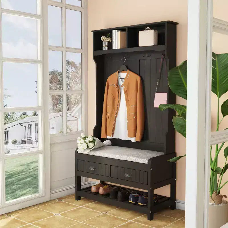Porte-manteau 3-en-1 en bois Famapy avec banc de rangement à 4 crochets métalliques