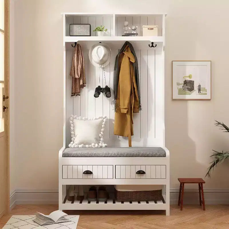 Porte-manteau 3-en-1 en bois Famapy avec banc de rangement à 4 crochets métalliques