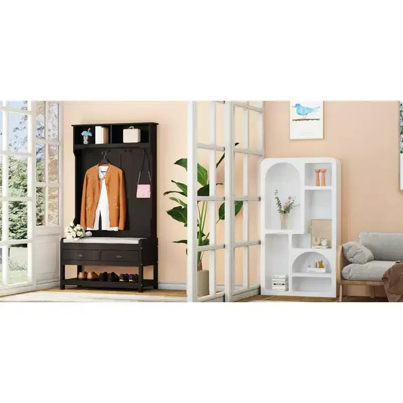 Porte-manteau 3-en-1 en bois Famapy avec banc de rangement à 4 crochets métalliques