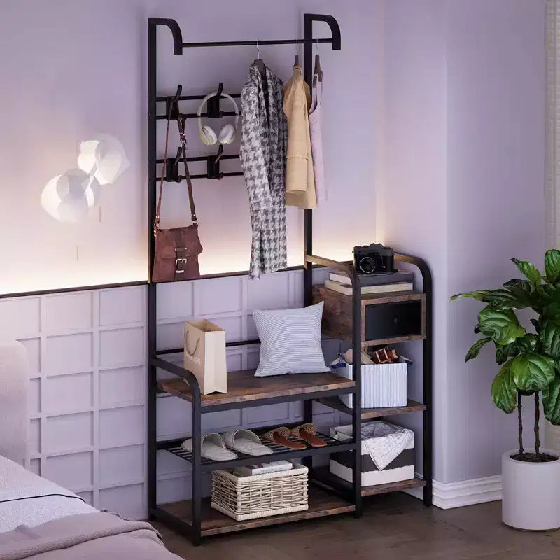 Banc à chaussures Hall Tree, 8 crochets robustes, banc d'entrée industriel 5-en-1 avec tiroir de rangement, portemanteau pour appartement, chambre, marron rustique